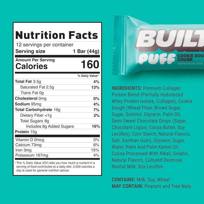 Built Bar, Puff Protein Bars, 15g Protein Snacks, Only 160 Calories, 8g Sugar, Collagen, Not Gluten Free, 12 Count