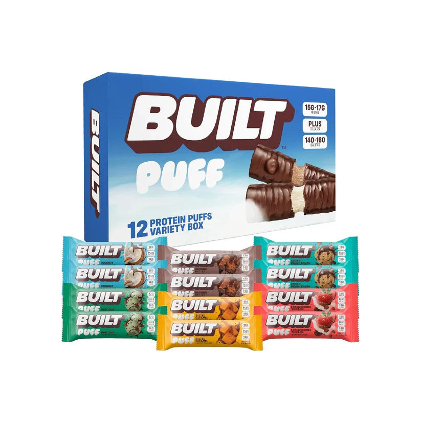 Built Bar, Puff Protein Bars, 15g Protein Snacks, Only 160 Calories, 8g Sugar, Collagen, Not Gluten Free, 12 Count