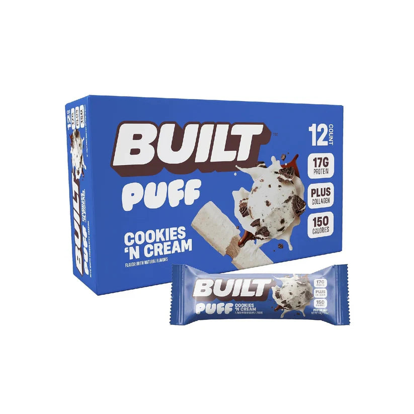 Built Bar, Puff Protein Bars, 15g Protein Snacks, Only 160 Calories, 8g Sugar, Collagen, Not Gluten Free, 12 Count